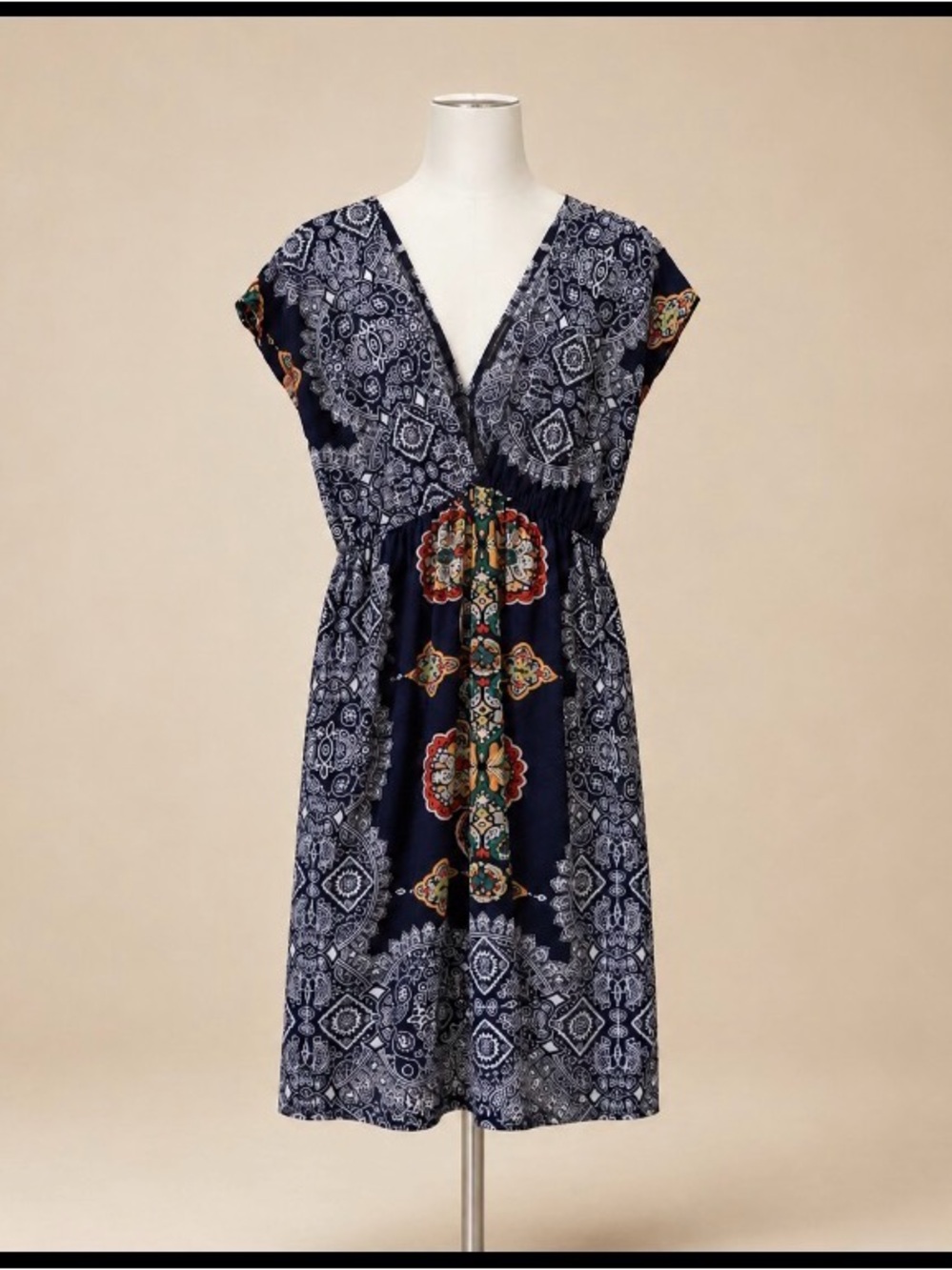 Urban Behavior Navy Paisley Print V-Neck Dress with Multicolor Accents